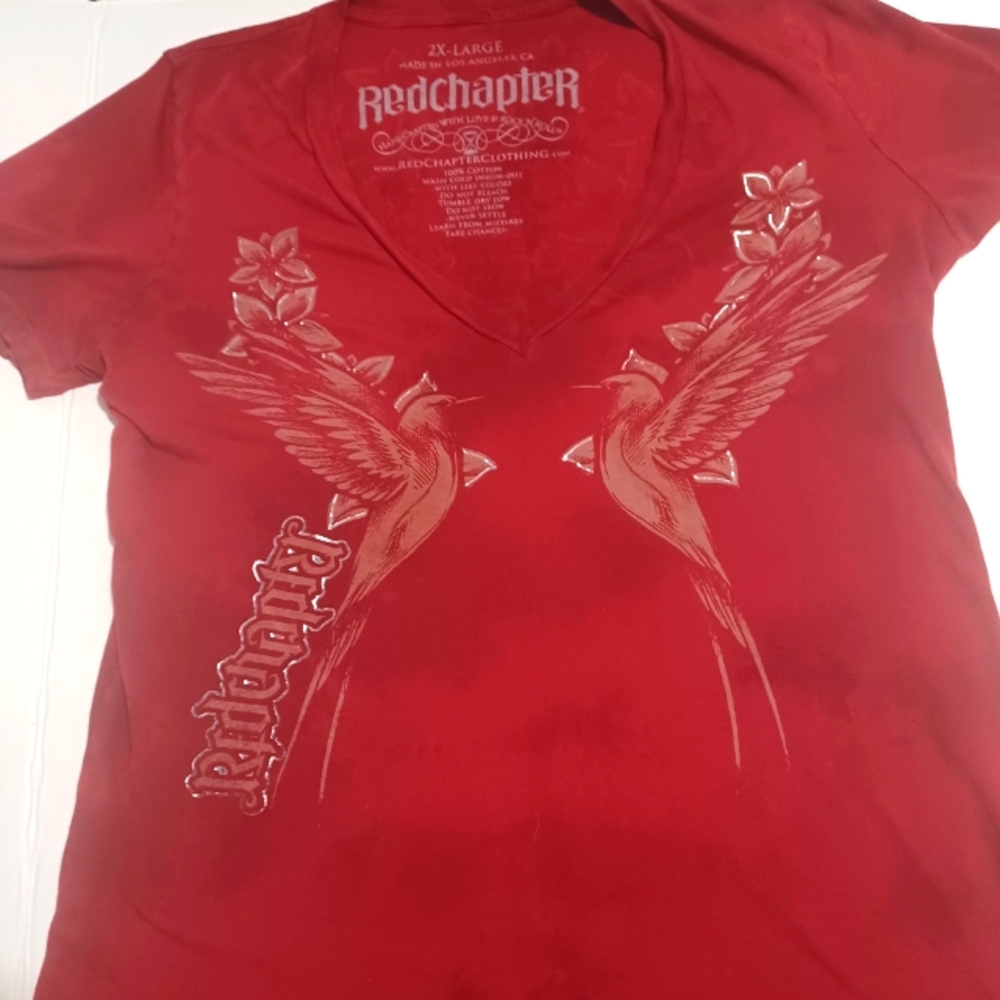 Red Chapter 2X V-Neck Graphic 'Affliction-Style' Ladies T-Shirt with Bird Design